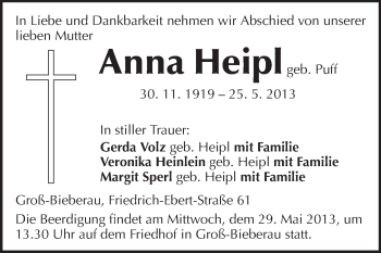 Traueranzeige von Anna Heipl von Echo-Zeitungen (Gesamtausgabe)