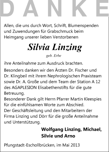 Traueranzeige von Silvia Linzing von Echo-Zeitungen (Gesamtausgabe)
