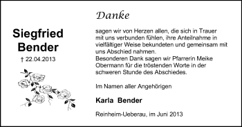 Traueranzeige von Siegfried Bender von Darmstädter Echo, Odenwälder Echo, Rüsselsheimer Echo, Groß-Gerauer-Echo, Ried Echo