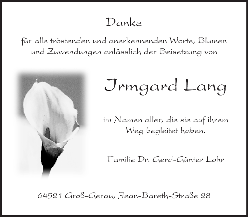  Traueranzeige für Irmgard Lang vom 29.05.2013 aus Rüsselsheimer Echo, Groß-Gerauer-Echo, Ried Echo