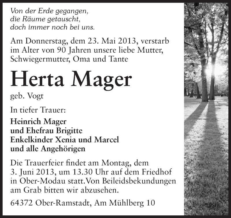  Traueranzeige für Herta Mager vom 29.05.2013 aus Echo-Zeitungen (Gesamtausgabe)