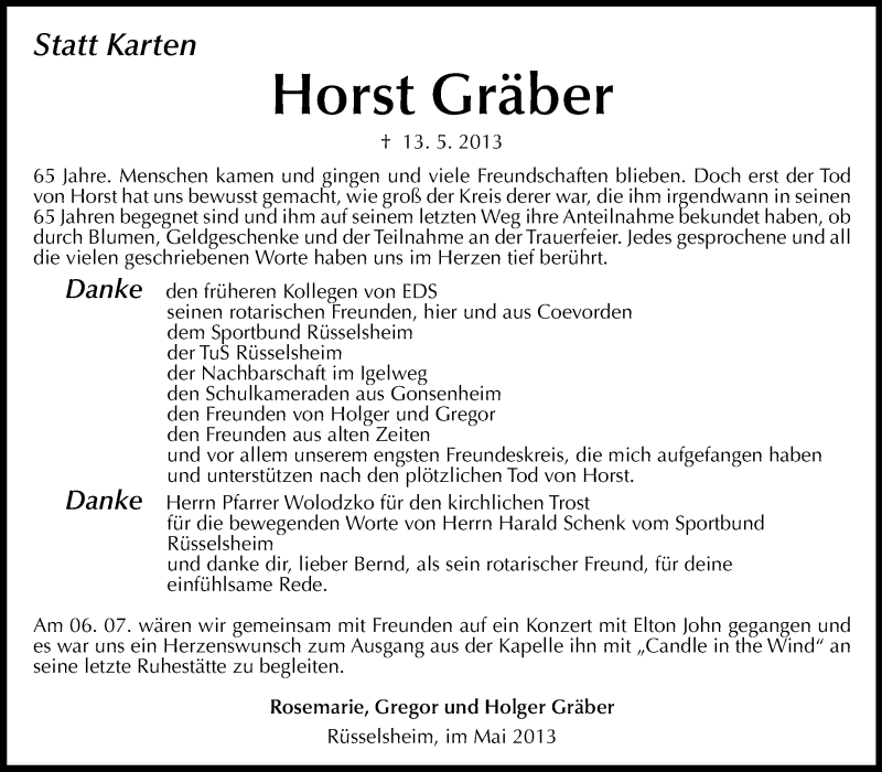  Traueranzeige für Horst Gräber vom 29.05.2013 aus Rüsselsheimer Echo, Groß-Gerauer-Echo, Ried Echo
