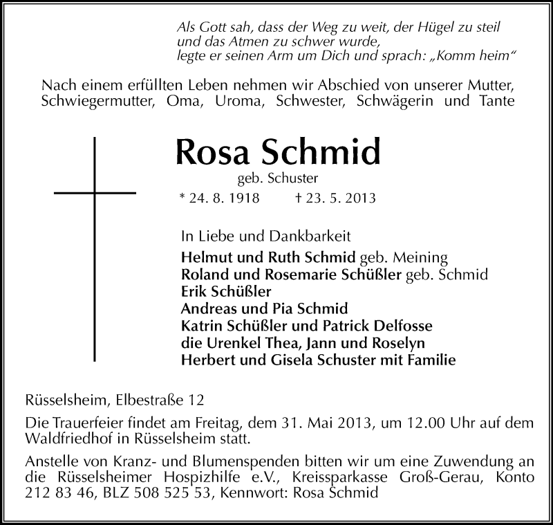  Traueranzeige für Rosa Schmid vom 28.05.2013 aus Rüsselsheimer Echo, Groß-Gerauer-Echo, Ried Echo