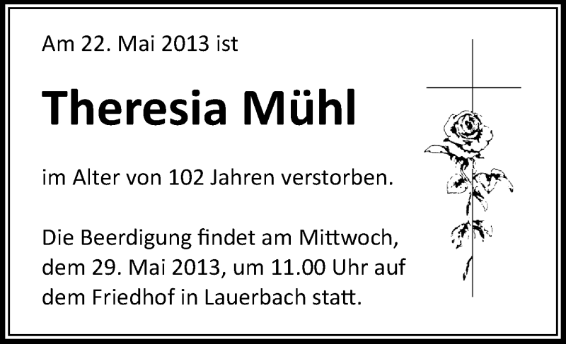  Traueranzeige für Theresia Mühl vom 28.05.2013 aus Odenwälder Echo