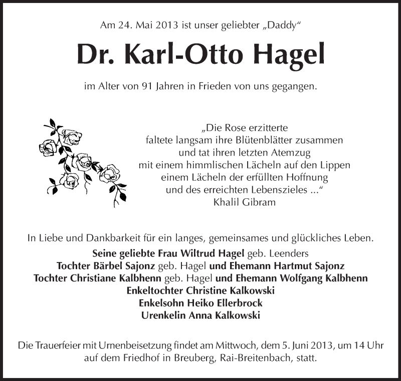  Traueranzeige für Karl-Otto Hagel vom 01.06.2013 aus Odenwälder Echo