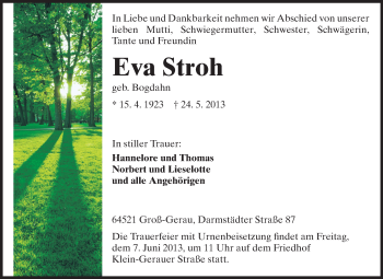 Traueranzeige von Eva Stroh von Rüsselsheimer Echo, Groß-Gerauer-Echo, Ried Echo