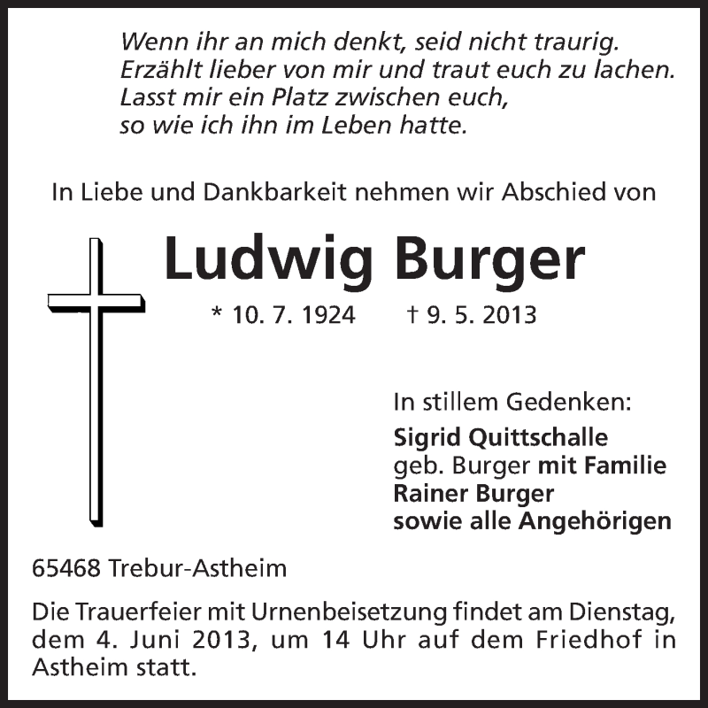  Traueranzeige für Ludwig Burger vom 01.06.2013 aus Rüsselsheimer Echo, Groß-Gerauer-Echo, Ried Echo