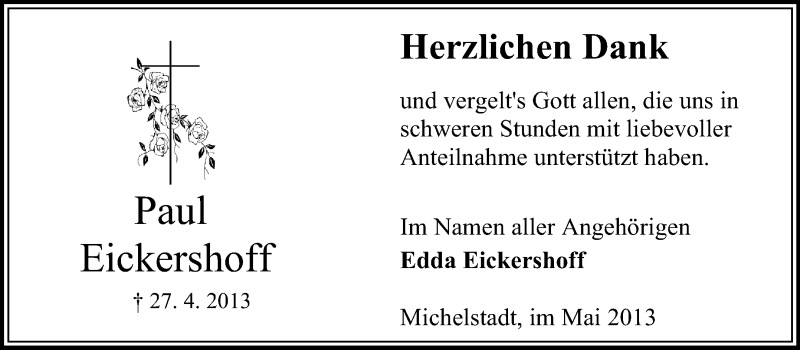  Traueranzeige für Paul Eickershoff vom 29.05.2013 aus Odenwälder Echo