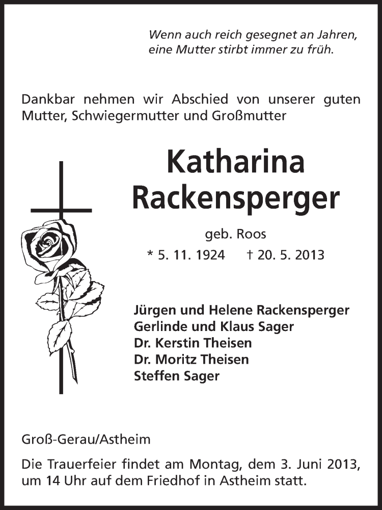  Traueranzeige für Katharina Rackensperger vom 01.06.2013 aus Rüsselsheimer Echo, Groß-Gerauer-Echo, Ried Echo