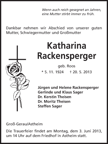 Traueranzeige von Katharina Rackensperger von Rüsselsheimer Echo, Groß-Gerauer-Echo, Ried Echo