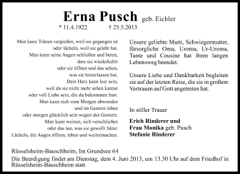 Traueranzeige von Erna Pusch von Rüsselsheimer Echo, Groß-Gerauer-Echo, Ried Echo
