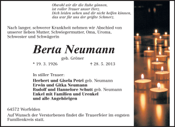 Traueranzeige von Berta Neumann von Rüsselsheimer Echo, Groß-Gerauer-Echo, Ried Echo