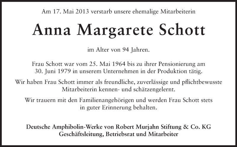  Traueranzeige für Anna Margarete Schott vom 29.05.2013 aus Echo-Zeitungen (Gesamtausgabe)