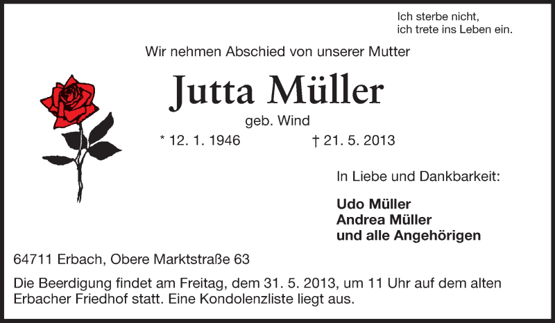  Traueranzeige für Jutta Müller vom 29.05.2013 aus Odenwälder Echo
