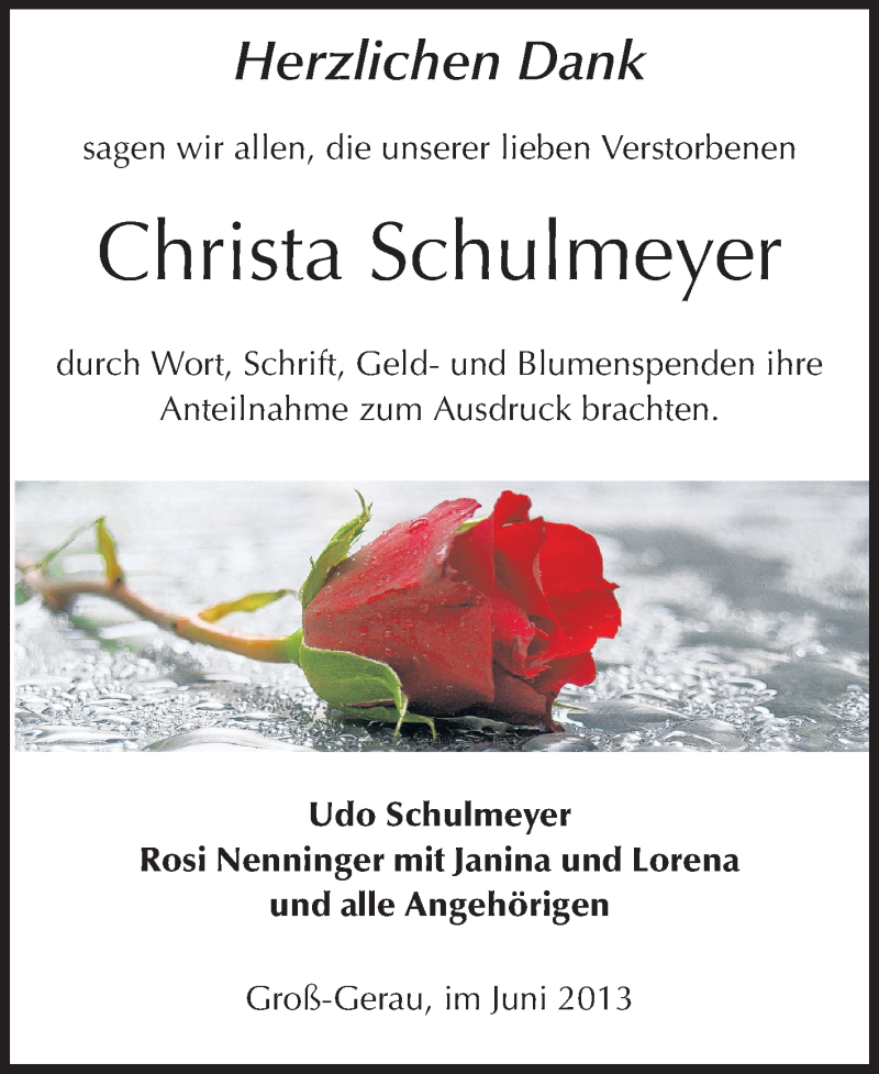  Traueranzeige für Christa Schulmeyer vom 01.06.2013 aus Rüsselsheimer Echo, Groß-Gerauer-Echo, Ried Echo