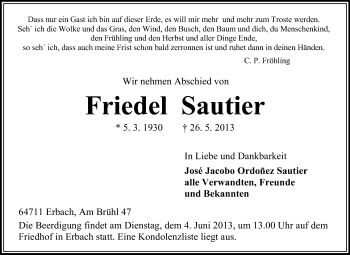 Traueranzeige von Friedel Sautier von Odenwälder Echo