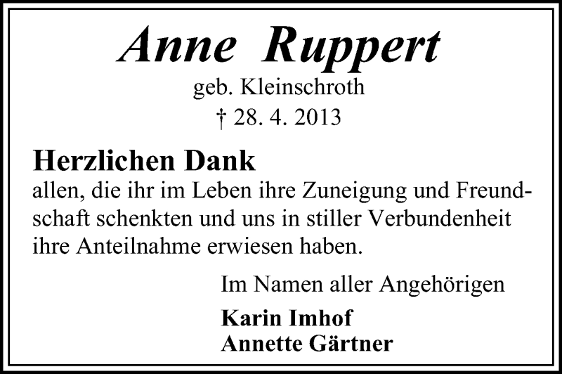  Traueranzeige für Anne Ruppert vom 01.06.2013 aus Odenwälder Echo