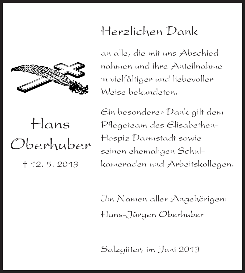  Traueranzeige für Hans Oberhuber vom 01.06.2013 aus Echo-Zeitungen (Gesamtausgabe)