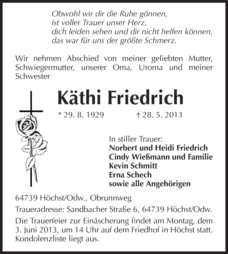  Traueranzeige für Käthi Friedrich vom 01.06.2013 aus Odenwälder Echo