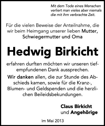 Traueranzeige von Hedwig Birkicht von Rüsselsheimer Echo, Groß-Gerauer-Echo, Ried Echo