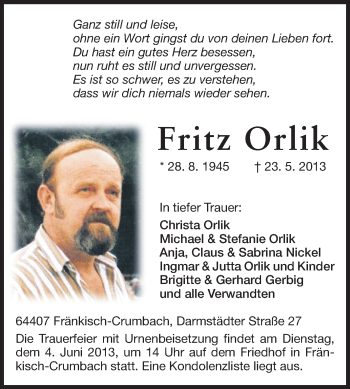 Traueranzeige von Fritz Orlik von Echo-Zeitungen (Gesamtausgabe)