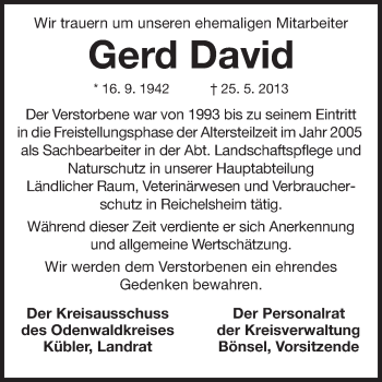 Traueranzeige von Gerd David von Odenwälder Echo