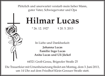 Traueranzeige von Hilmar Lucas von Rüsselsheimer Echo, Groß-Gerauer-Echo, Ried Echo