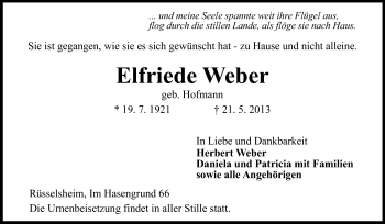 Traueranzeige von Elfriede Weber von Rüsselsheimer Echo, Groß-Gerauer-Echo, Ried Echo