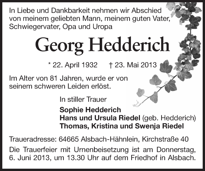  Traueranzeige für Georg Hedderich vom 01.06.2013 aus Echo-Zeitungen (Gesamtausgabe)