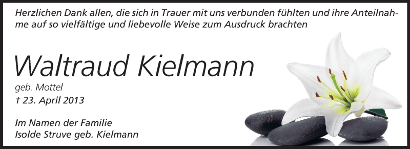  Traueranzeige für Waltraud Kielmann vom 31.05.2013 aus Echo-Zeitungen (Gesamtausgabe)