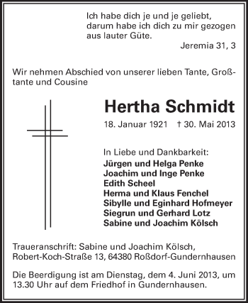 Traueranzeige von Hertha Schmidt von Echo-Zeitungen (Gesamtausgabe)