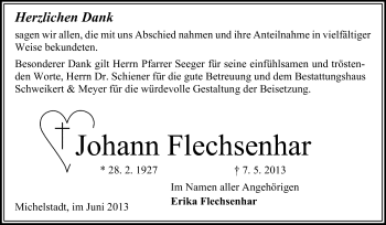 Traueranzeige von Johann Flechsenhar von Odenwälder Echo