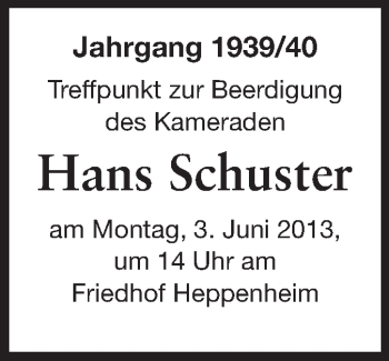 Traueranzeige von Hans Schuster von Starkenburger Echo