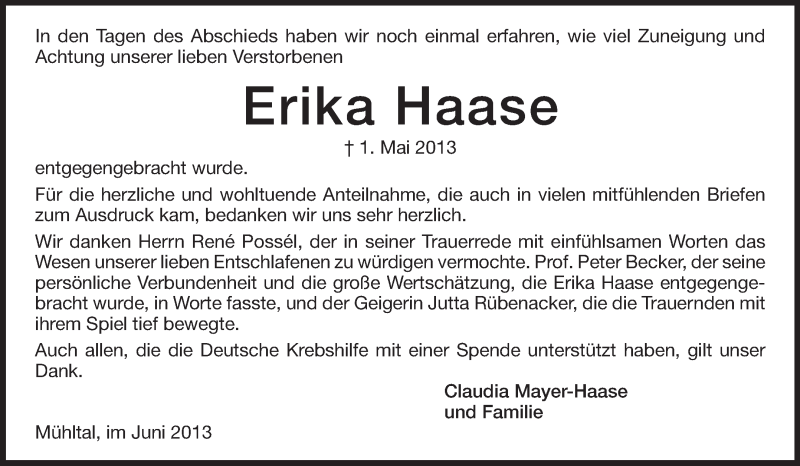  Traueranzeige für Erika Haase vom 01.06.2013 aus Darmstädter Echo, Odenwälder Echo, Rüsselsheimer Echo, Groß-Gerauer-Echo, Ried Echo