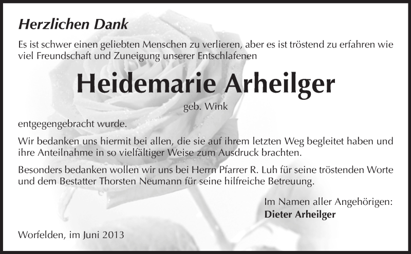  Traueranzeige für Heidemarie Arheilger vom 01.06.2013 aus Rüsselsheimer Echo, Groß-Gerauer-Echo, Ried Echo