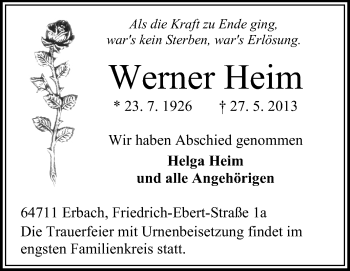 Traueranzeige von Werner Heim von Odenwälder Echo