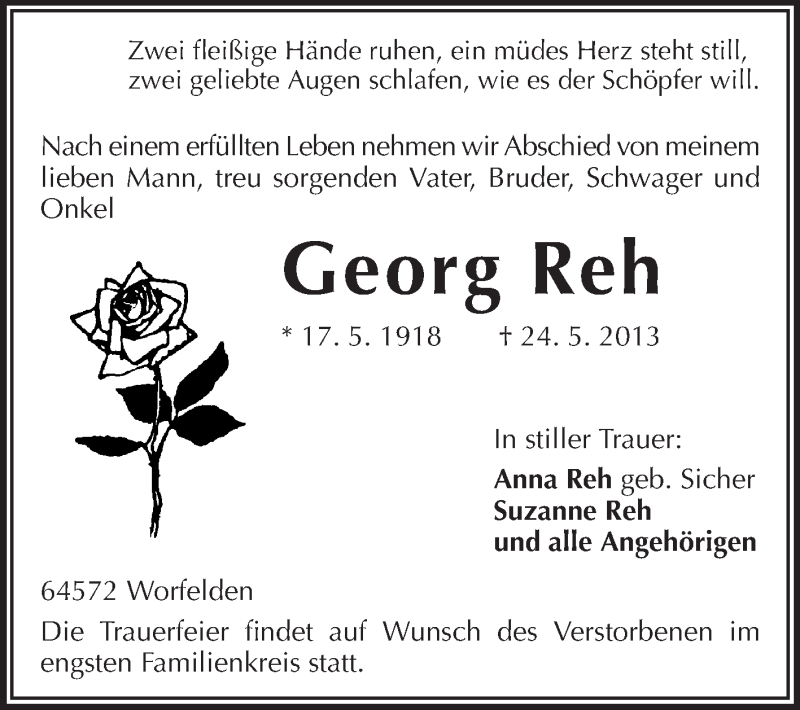  Traueranzeige für Georg Reh vom 03.06.2013 aus Rüsselsheimer Echo, Groß-Gerauer-Echo, Ried Echo