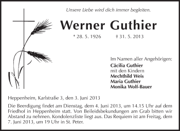 Traueranzeige von Werner Guthier von Starkenburger Echo