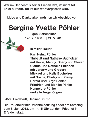 Traueranzeige von Sergine Yvette Pöhler von Rüsselsheimer Echo, Groß-Gerauer-Echo, Ried Echo