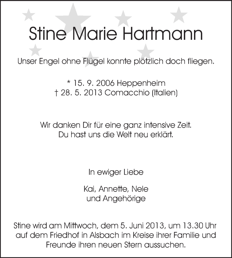  Traueranzeige für Stine Marie Hartmann vom 03.06.2013 aus Echo-Zeitungen (Gesamtausgabe)