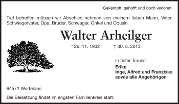 Traueranzeige von Walter Arheilger von Rüsselsheimer Echo, Groß-Gerauer-Echo, Ried Echo