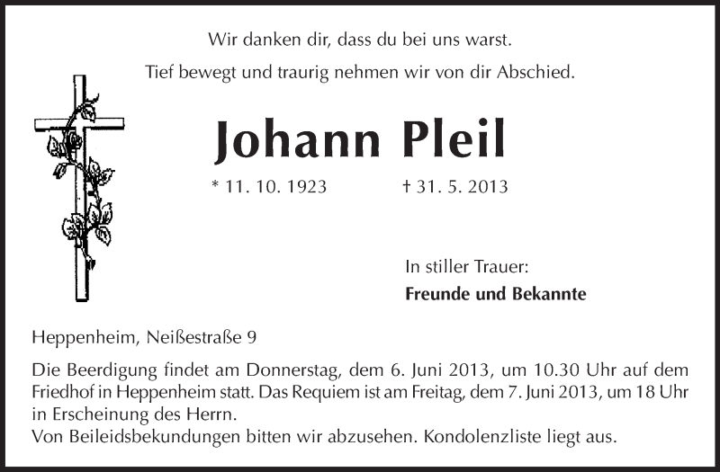  Traueranzeige für Johann Pleil vom 04.06.2013 aus Starkenburger Echo