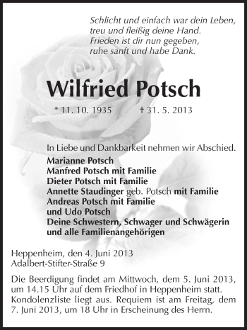 Traueranzeige von Wilfried Potsch von Starkenburger Echo