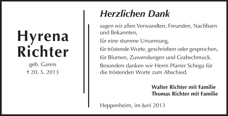  Traueranzeige für Hyrena Richter vom 06.06.2013 aus Starkenburger Echo