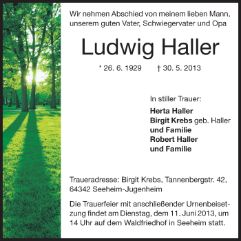 Traueranzeige von Ludwig Haller von Echo-Zeitungen (Gesamtausgabe)