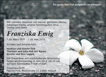 Traueranzeige von Franziska Emig von Echo-Zeitungen (Gesamtausgabe)