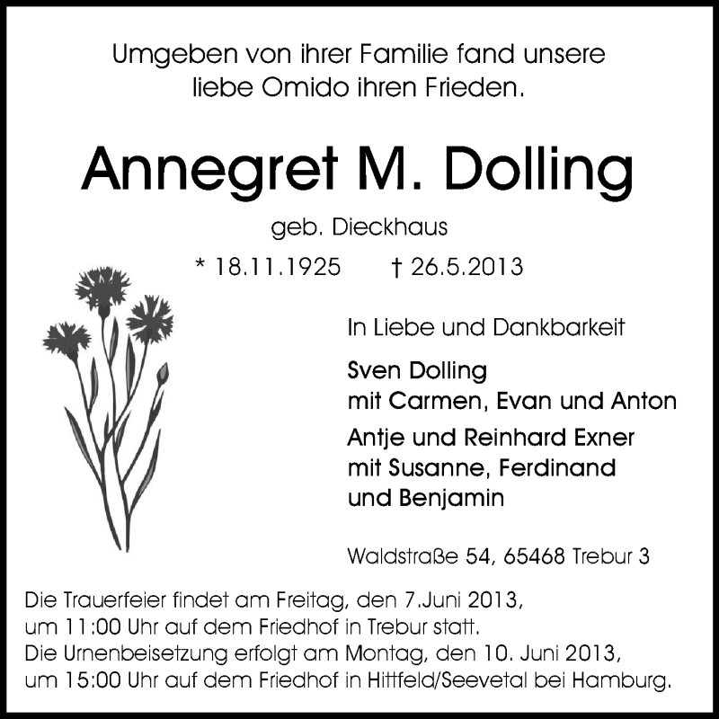  Traueranzeige für Annegret Dolling vom 04.06.2013 aus Rüsselsheimer Echo, Groß-Gerauer-Echo, Ried Echo