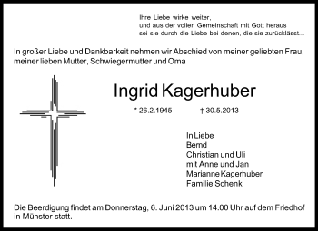 Traueranzeige von Ingrid Kagerhuber von Echo-Zeitungen (Gesamtausgabe)