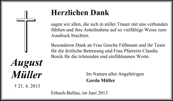 Traueranzeige von August Müller  von Odenwälder Echo