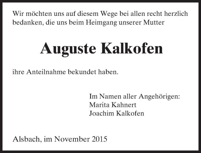  Traueranzeige für Auguste Kalkofen vom 14.11.2015 aus trauer.echo-online.de